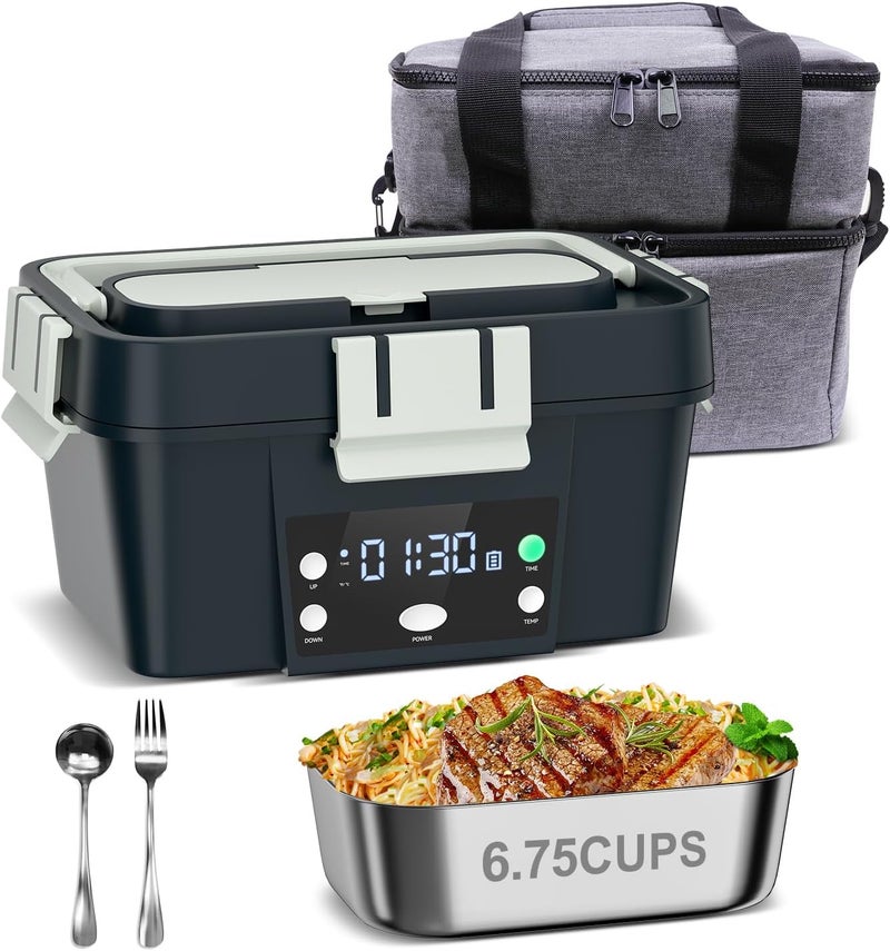 FVW Heated Lunch Box Battery Powered with Automatic Heating, 16,000mAh Cordless Heatable Lunchbox for Adults, 1.6L Portable Food Warmer with Insulated Carry Bag Green - Image 1